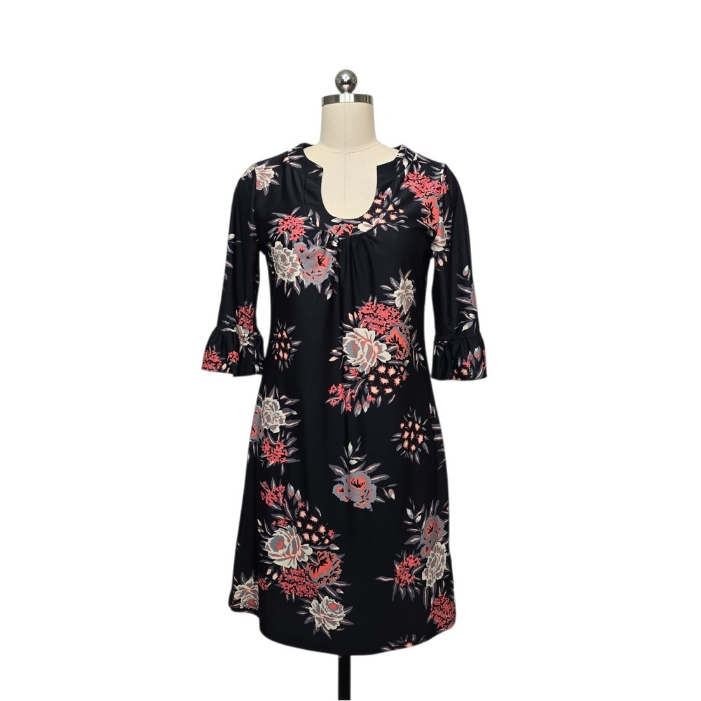 Aryeh Womens Black Floral Knit Shift Dress Ruffle 3/4 Sleeve Scoop Neck sz Small
